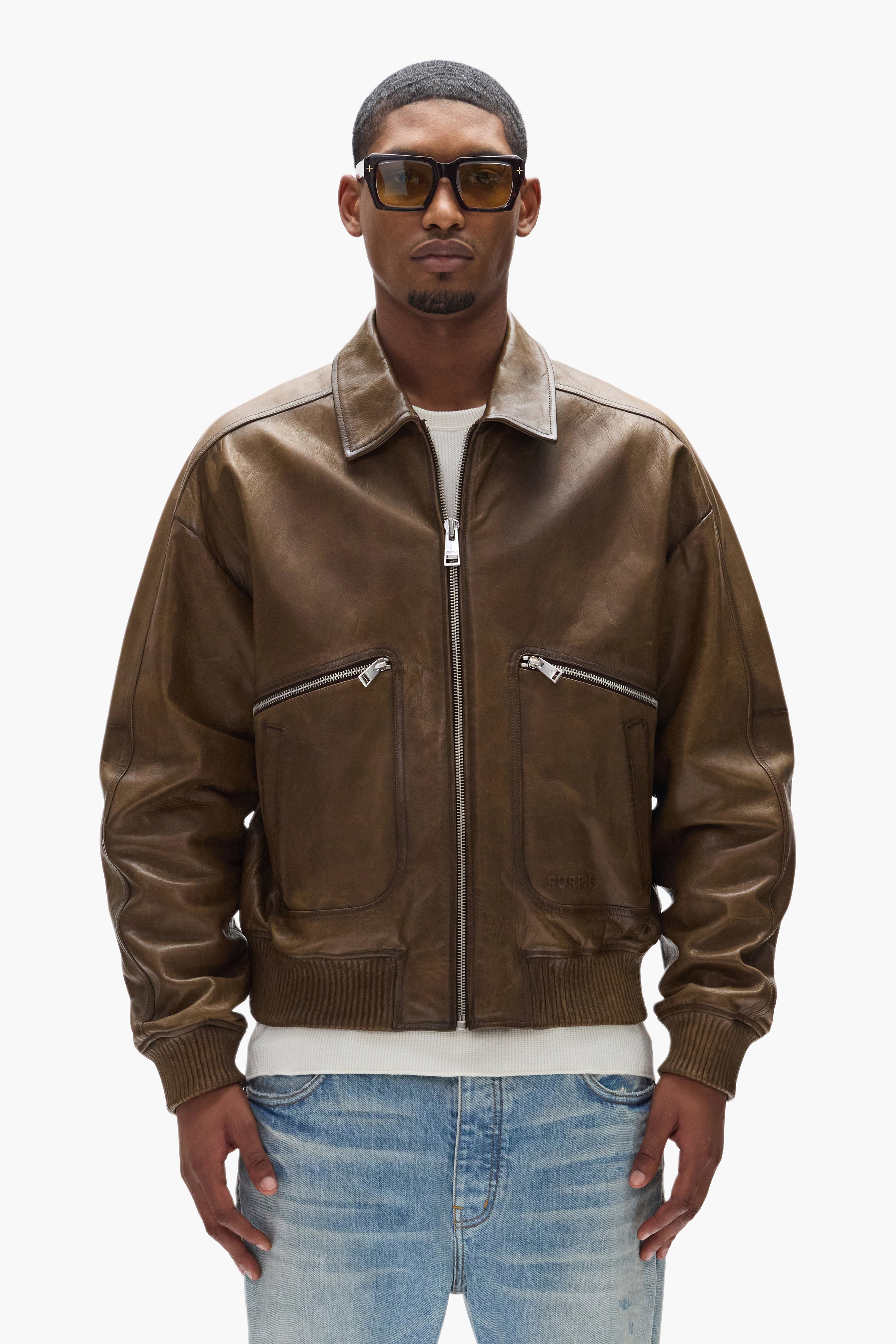 Distressed Leather Bomber Jacket