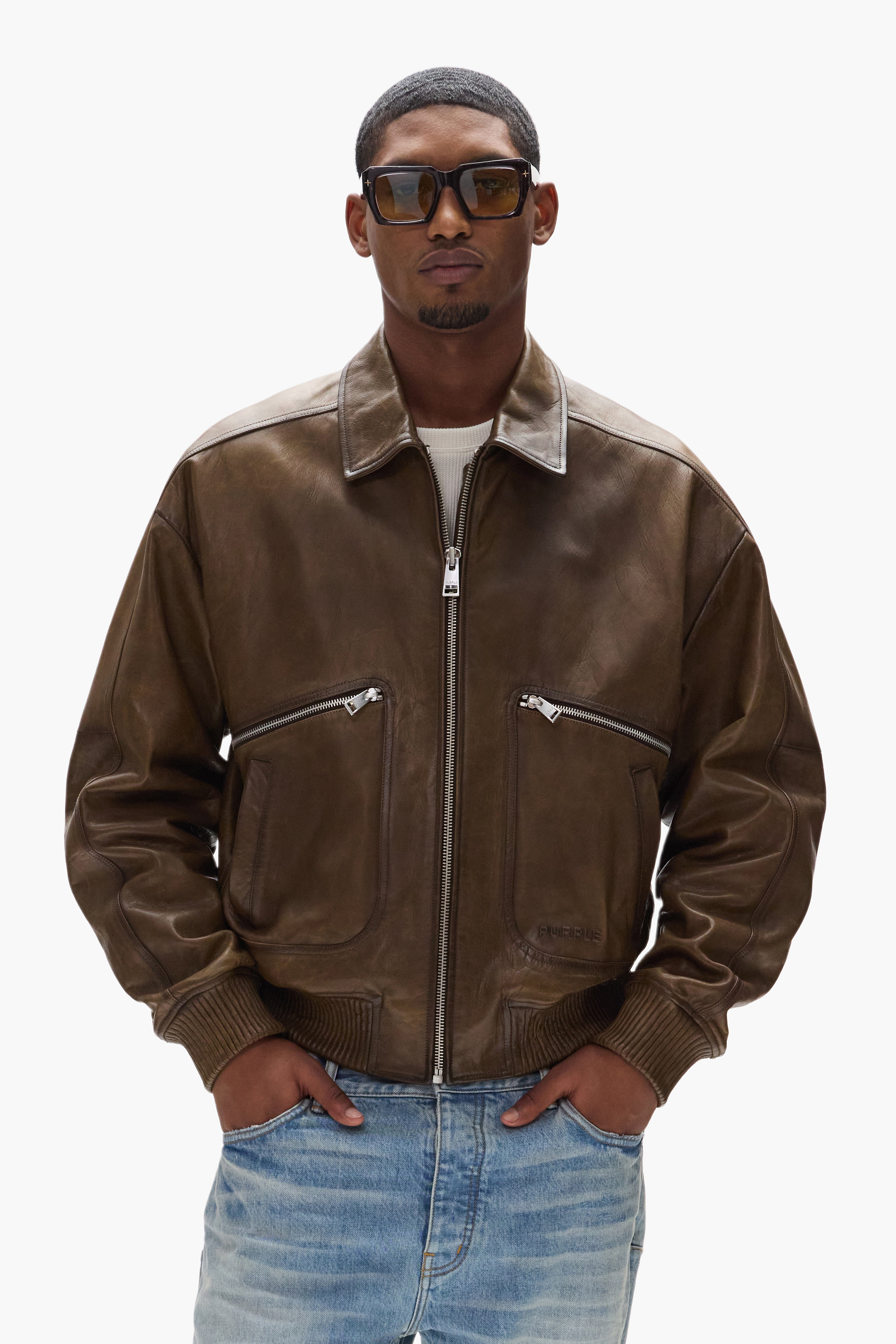 Distressed Leather Bomber Jacket